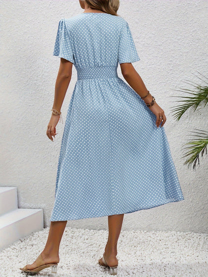 Women's Summer Polka Dot Maxi Dress with Short Sleeves and V-Neck – Casual & Vacation