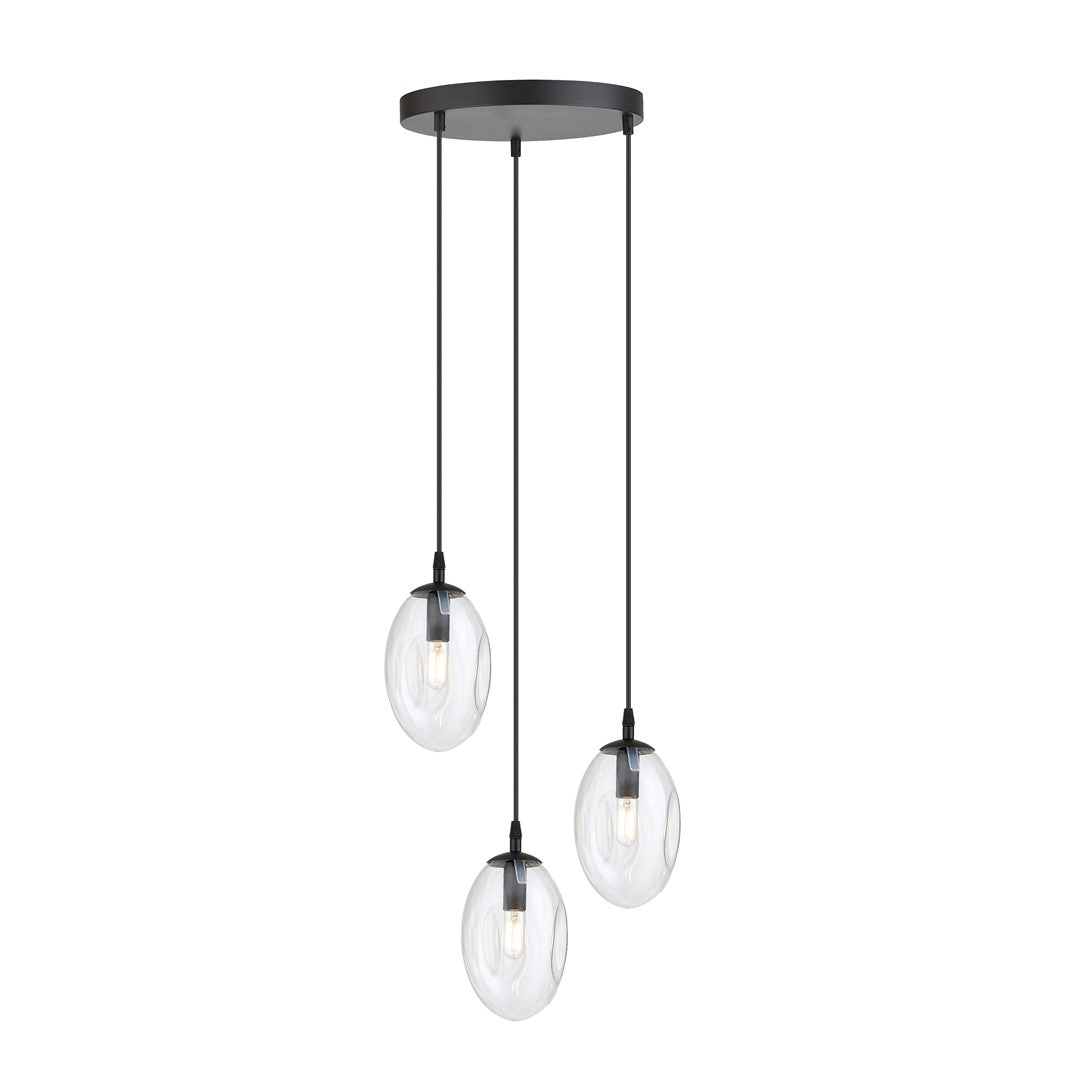 Hanglamp gepoedercoat staal en glas, modern Astraal, zwart met transparante kappen, 3 lichtpunten E14 – 40 x 100 cm