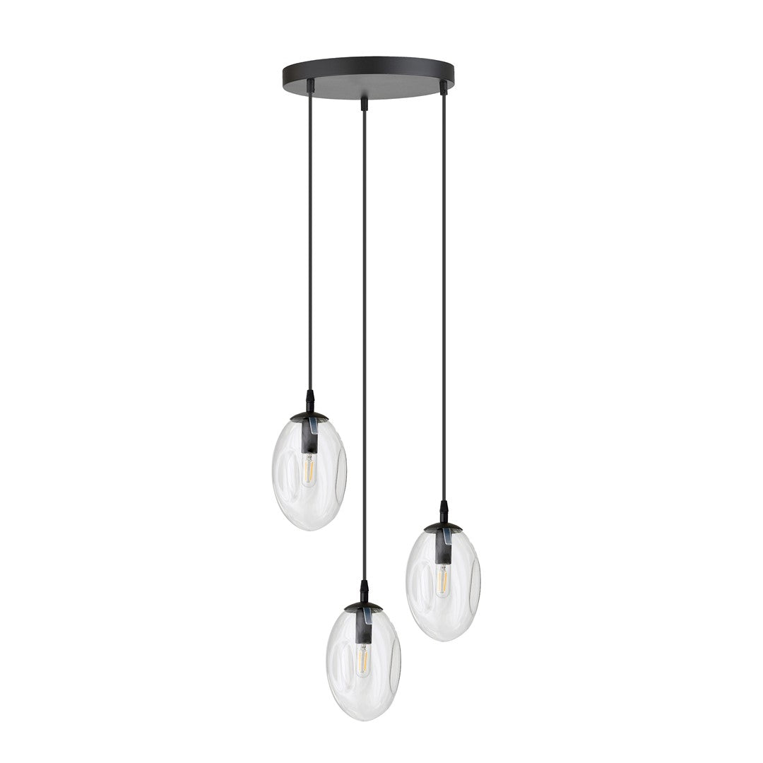 Hanglamp gepoedercoat staal en glas, modern Astraal, zwart met transparante kappen, 3 lichtpunten E14 – 40 x 100 cm