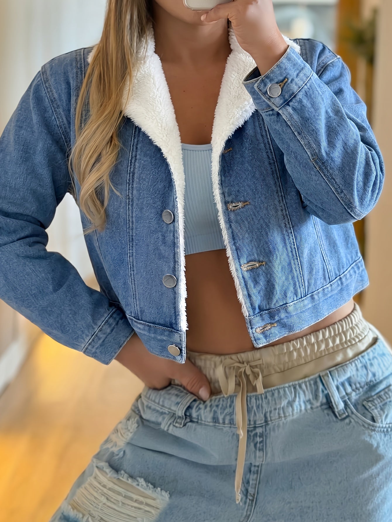 Women's cropped denim jacket with teddy lining, blue denim