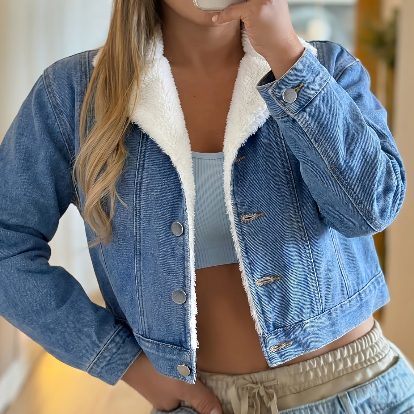 Women's cropped denim jacket with teddy lining, blue denim