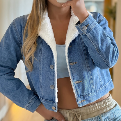 Women's cropped denim jacket with teddy lining, blue denim