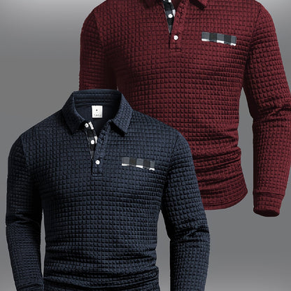 Men's long-sleeved polo shirt with a waffle texture and checked collar, navy blue and army green