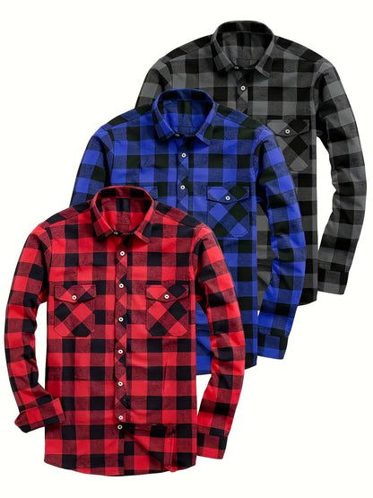 Men’s plaid long-sleeve casual shirt with chest pockets