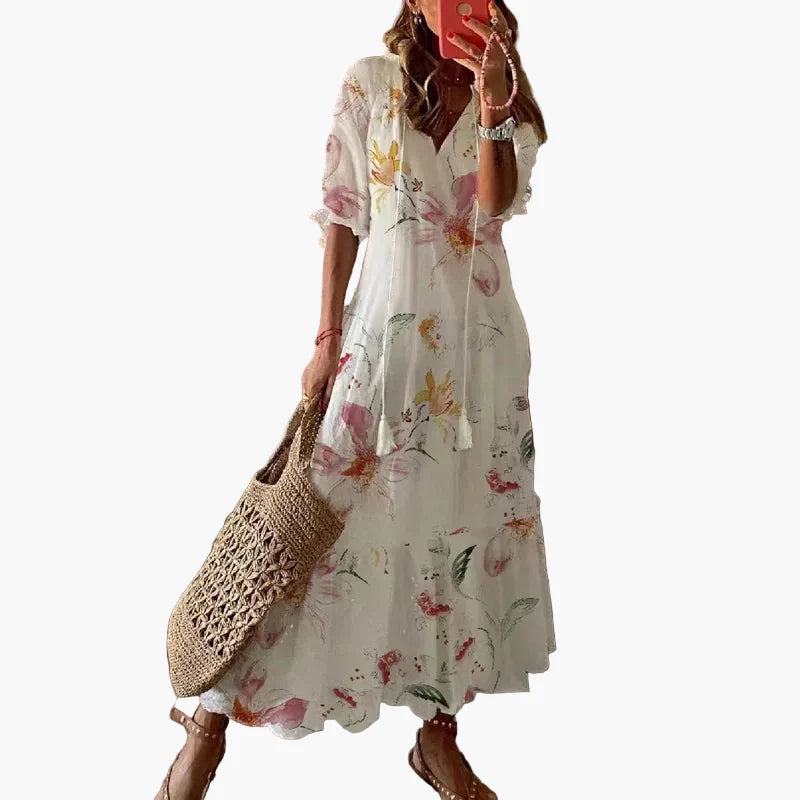 Women's Long Bohemian Dress – Long Summer Dress with Flower Print, Ideal for Beach & Leisure