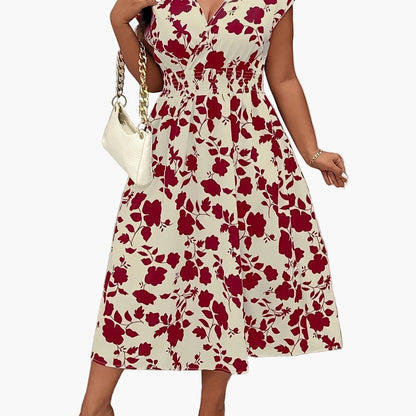 Women's Elegant Midi Dress with Floral Pattern and V-Neck for Casual and Special Occasions