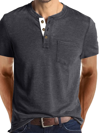 Herren Henley T-Shirt Kurzarm Casual Freizeitshirt mit Knopfleiste und Brusttasche