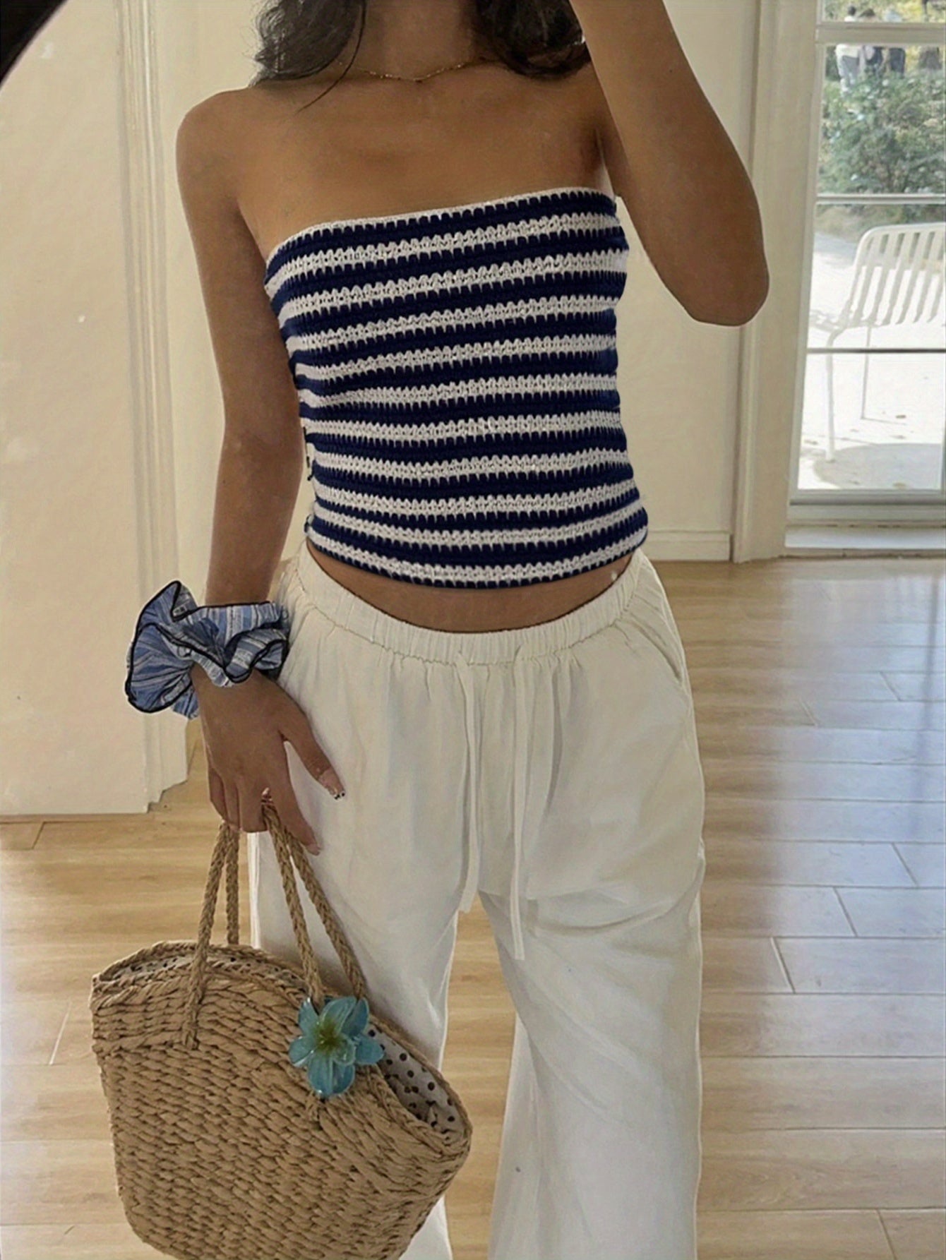 Damen Tube Top im maritimen Streifen-Look, schulterfrei, modisch für Freizeit und Sommer