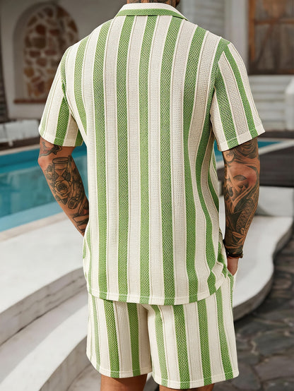 Men's Summer Set – Striped Casual Outfit with Short-Sleeve Shirt and Shorts, Ideal for Vacation & Everyday Wear