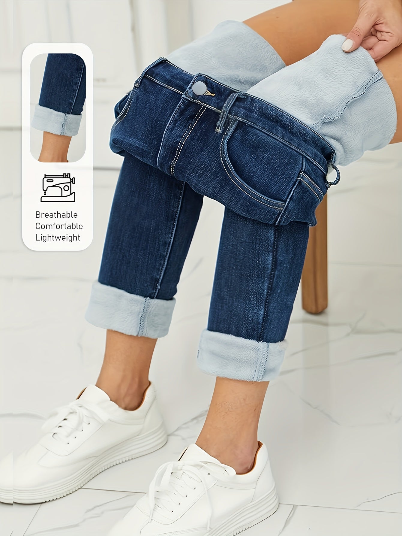 Gefütterte Damen Jeans Dunkelblau mit Hohem Bund