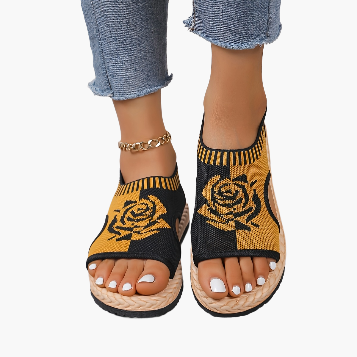 Damen Sommer-Sandalen mit Blumenmuster – Bequeme Freizeitschuhe mit offener Spitze
