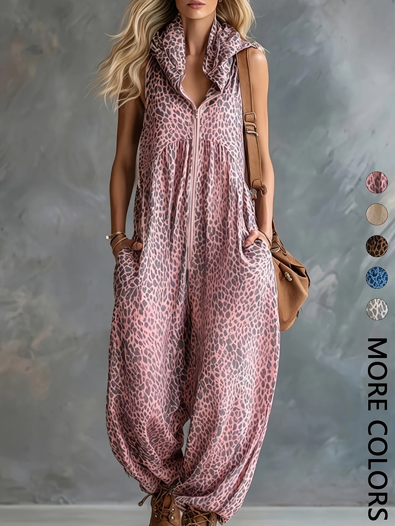 Damen Jumpsuit ärmellos mit Kapuze Animal-Print lockere Passform