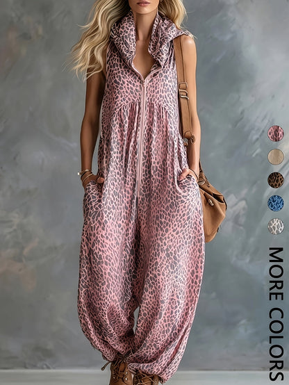 Damen Jumpsuit ärmellos mit Kapuze Animal-Print lockere Passform