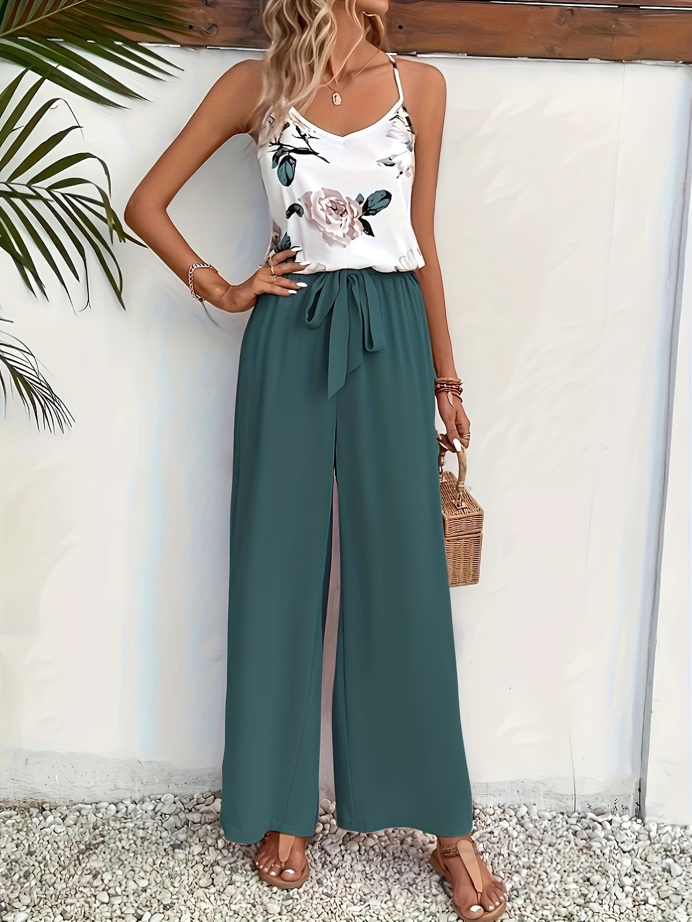 Women's Elegant Jumpsuit with Floral Pattern and Bow Detail for Spring and Summer