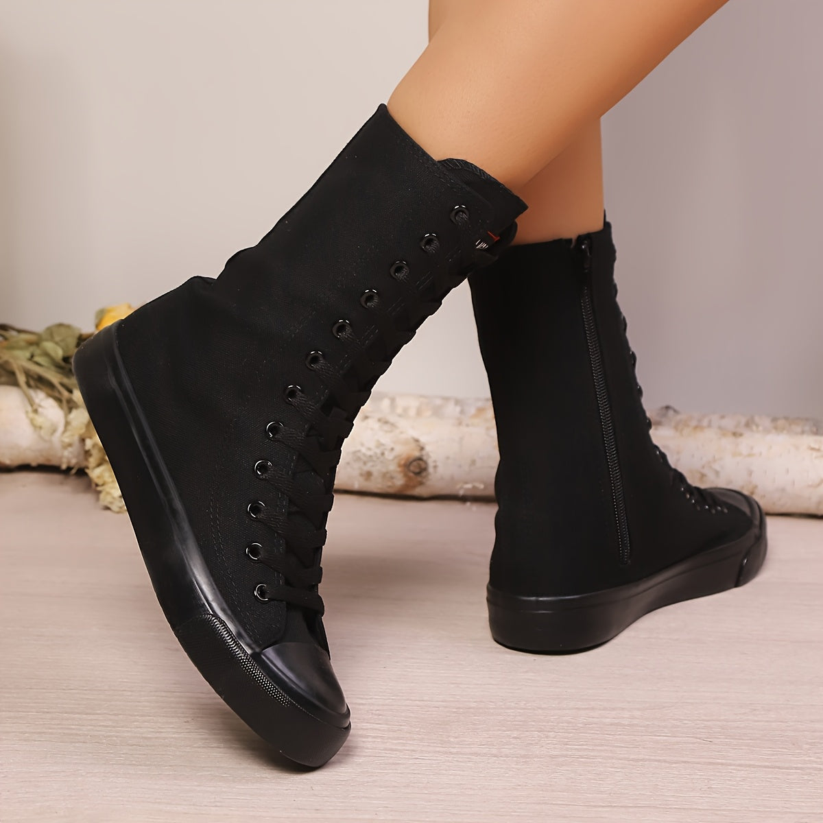 High-top canvas sneaker boots with laces and a zipper for women