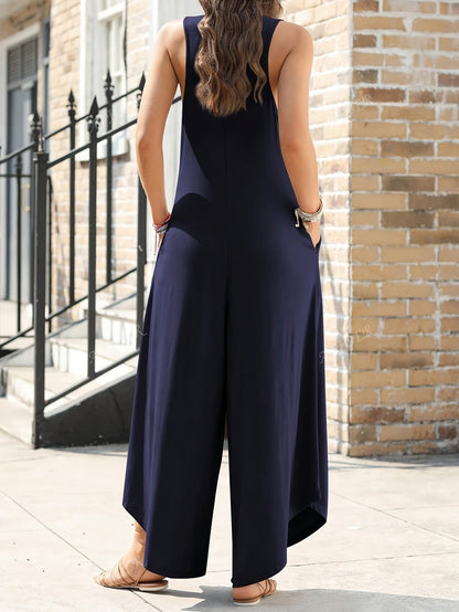 Women's Loose Jumpsuit with V-Neck and Pockets – Elegant Summer Romper for Leisure and Vacation