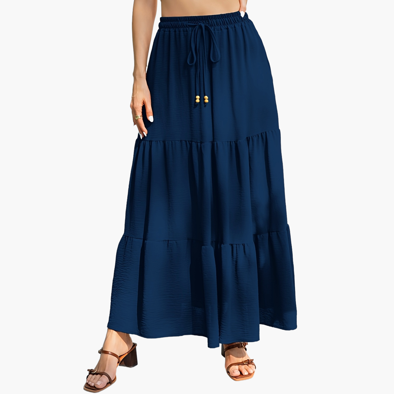 Women's Maxi Tiered Skirt with Drawstring – Boho Summer Casual Skirt for Everyday & Vacation