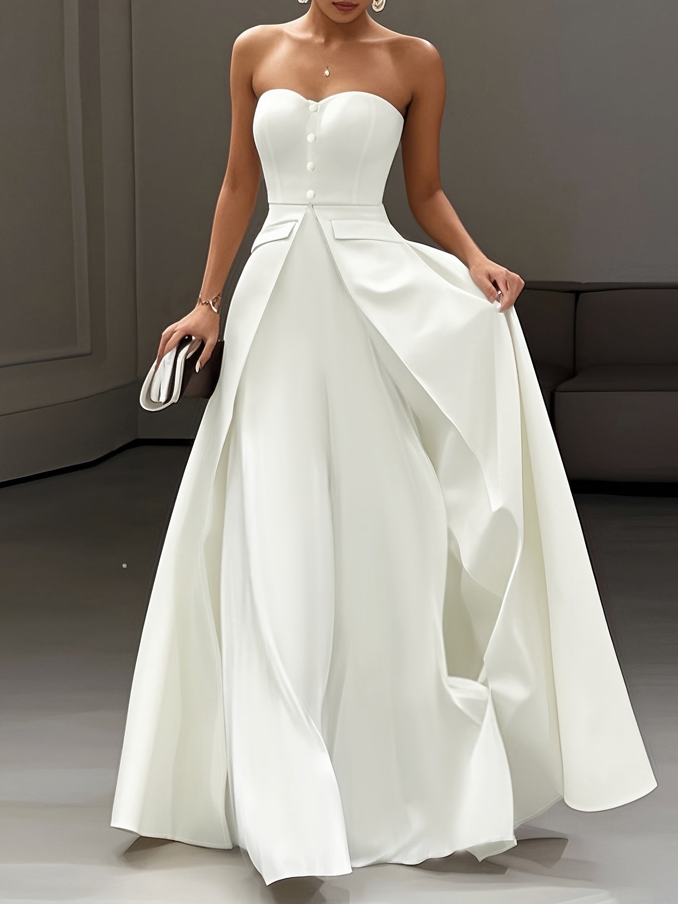 Women's Elegant Evening Dress with Bandeau Top and Button Placket – Perfect for Festive Occasions