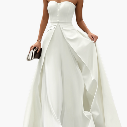 Women's Elegant Evening Dress with Bandeau Top and Button Placket – Perfect for Festive Occasions