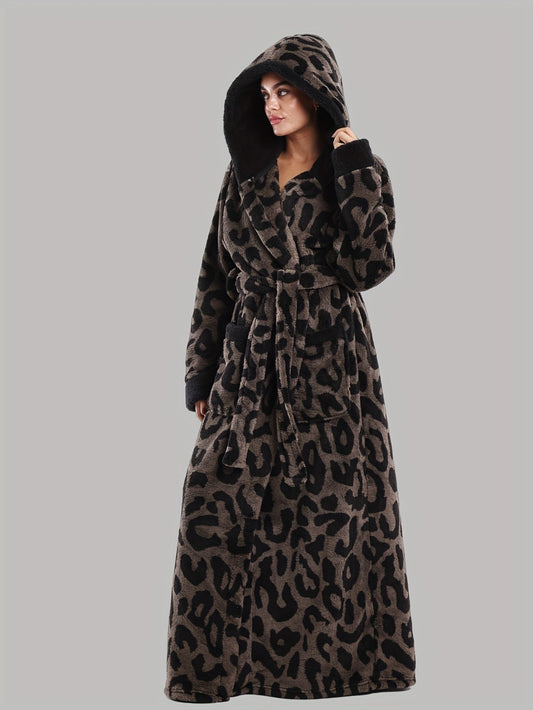 Long women’s hooded leopard-print bathrobe