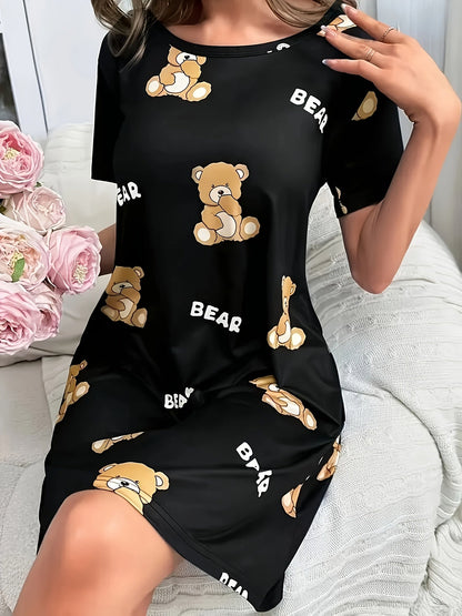 Women's Nightgown with Bear Print, Short Sleeves, Loose Fit, Cute Cartoon Style, For Home & Sleep