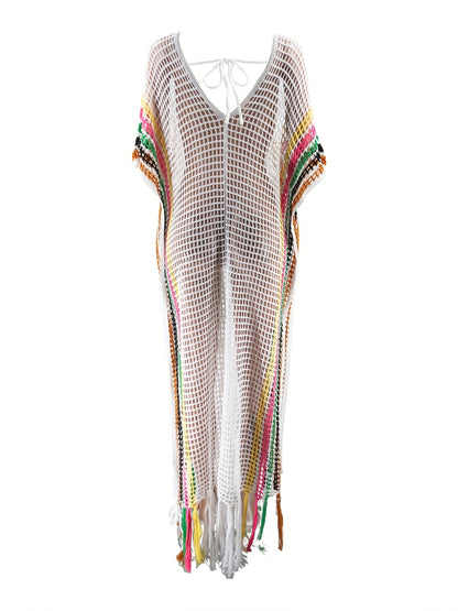 Women's Boho Beach Kaftan Maxi Dress with Net and Fringes – Perfect as Swimwear Cover-Up