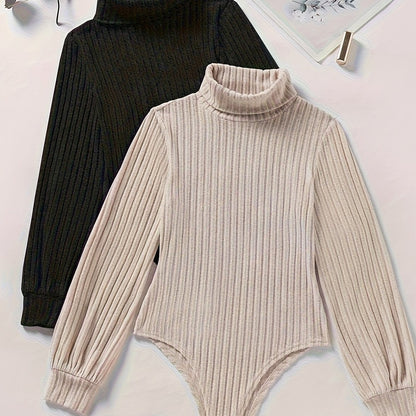 Damen Rollkragen Bodysuit Gerippt Langarm Strick Optik