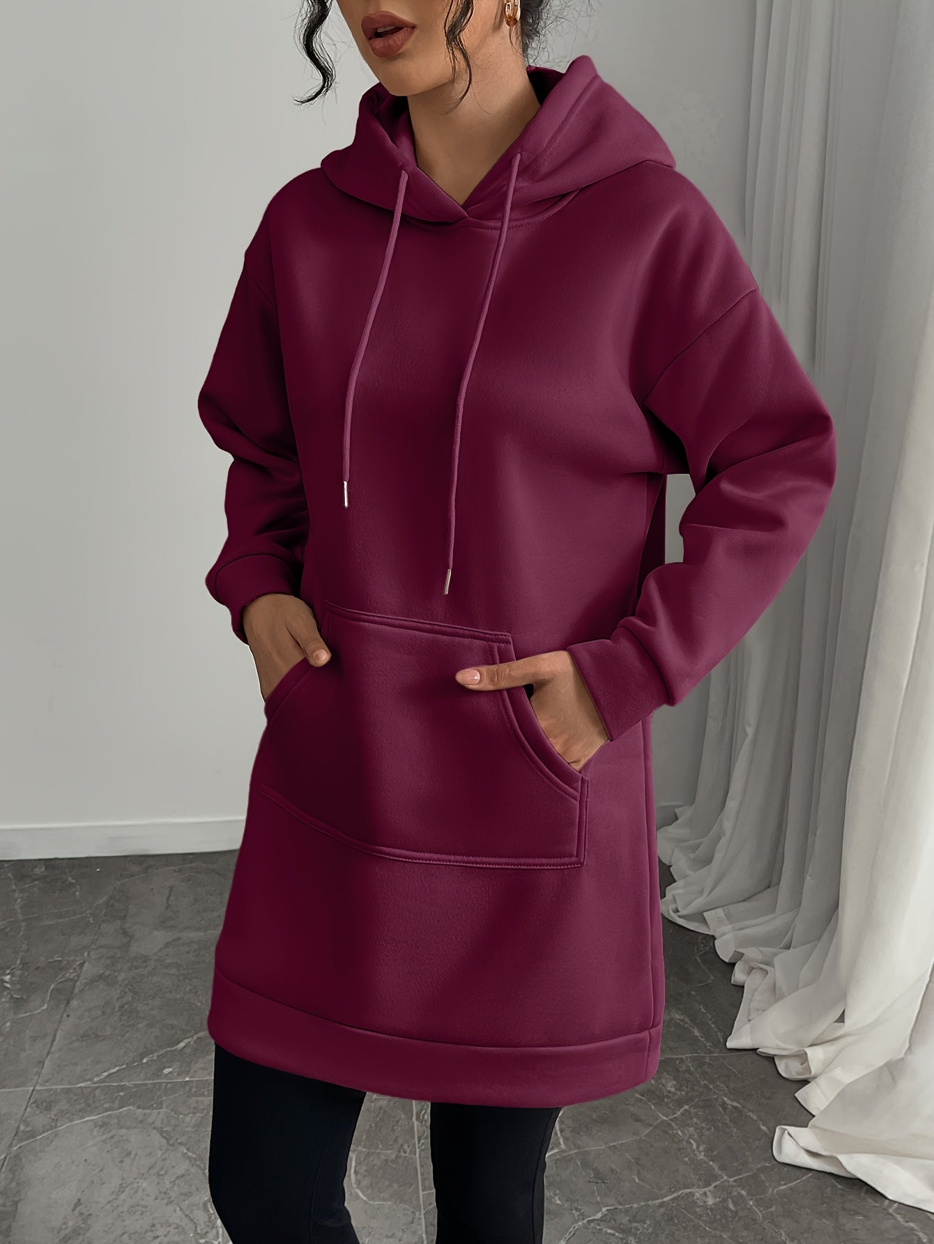 Damen Langarm Hoodie-Kleid mit Kapuze und Kängurutasche