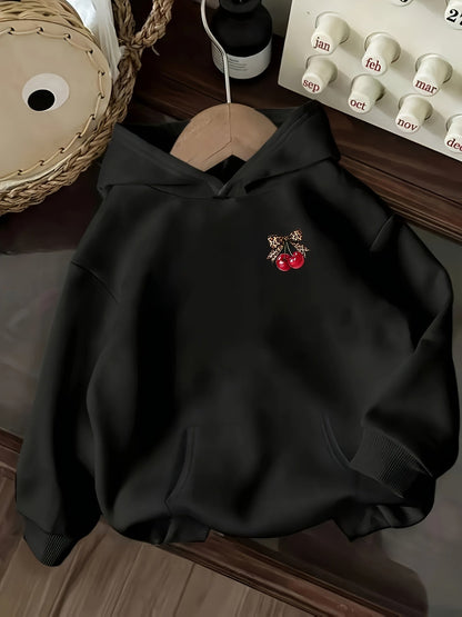 Black hoodie with cherry and leopard print pullover hoodie