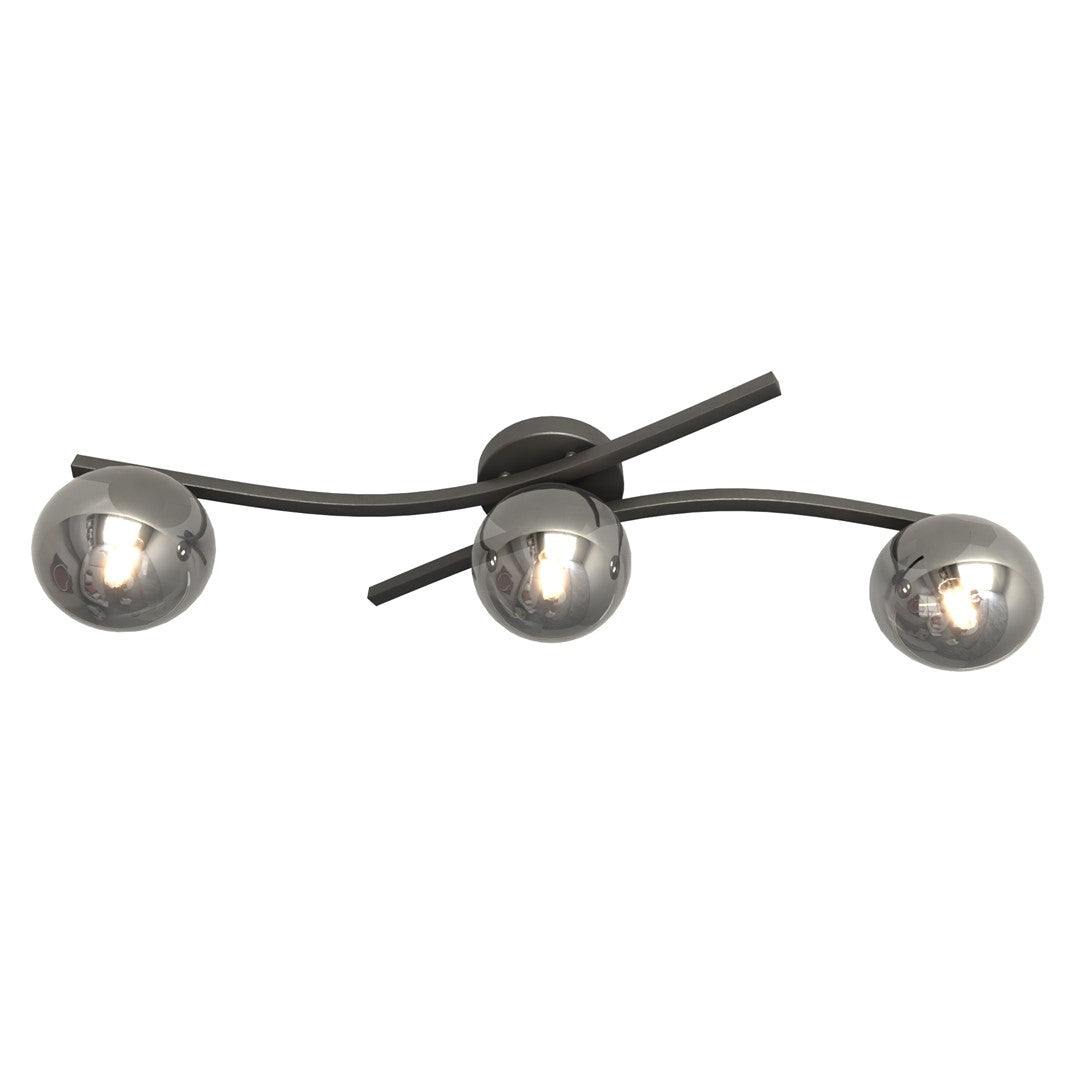 Plafondlamp gepoedercoat staal en glas Opus modern, zwart met grafiet kapjes, 60 x 20 cm, 3 fittingen E14