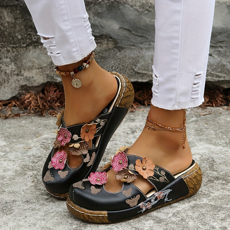 Women's Comfortable Wedge Heel Clogs with Flower Appliqué – Casual Boho Slip-On Shoes