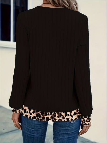 Damen V-Ausschnitt Oberteil mit Leopardmuster-Details Schwarz