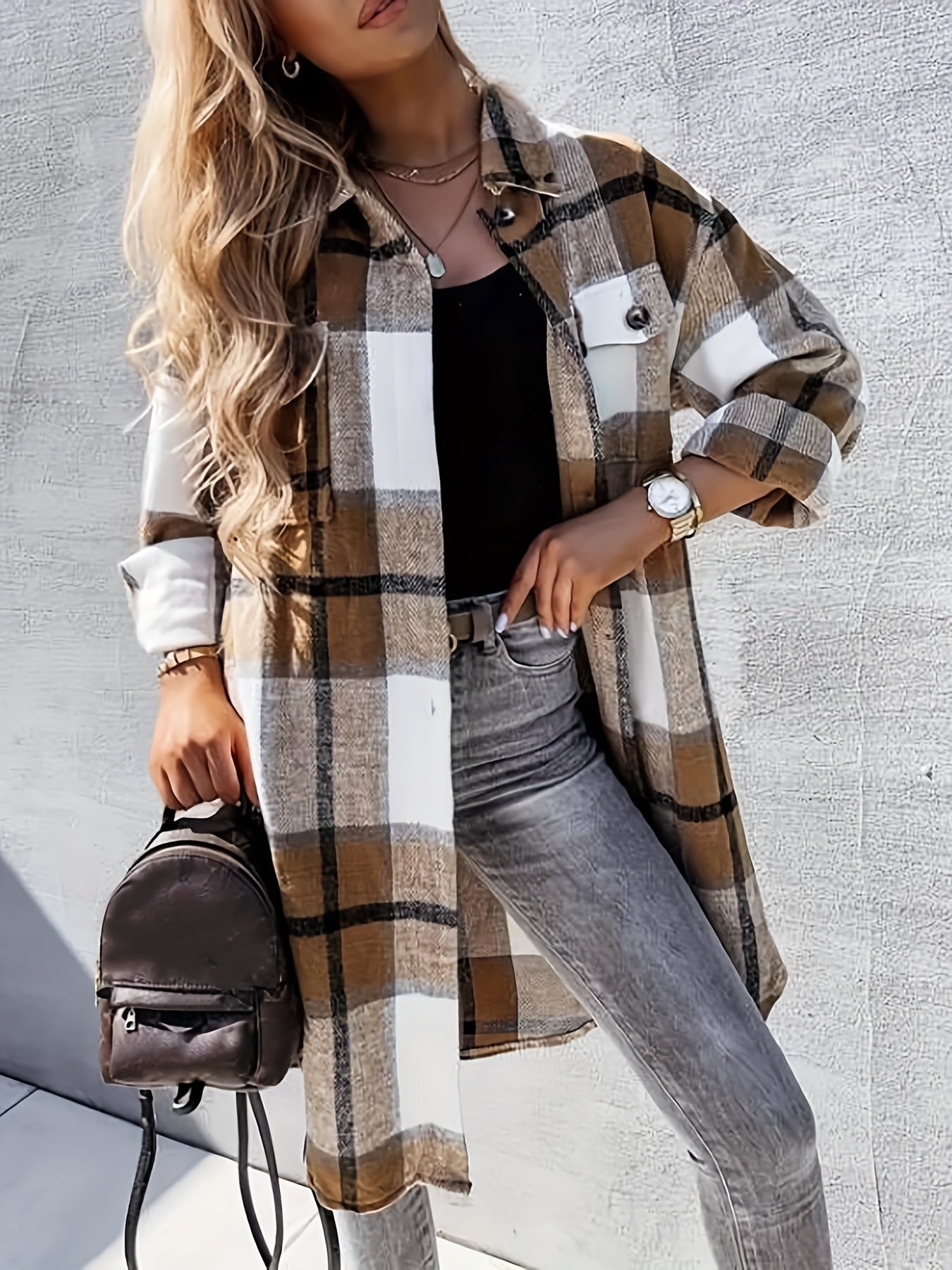 Women's Long Checked Oversize Shacket in Casual Look for Spring and Autumn