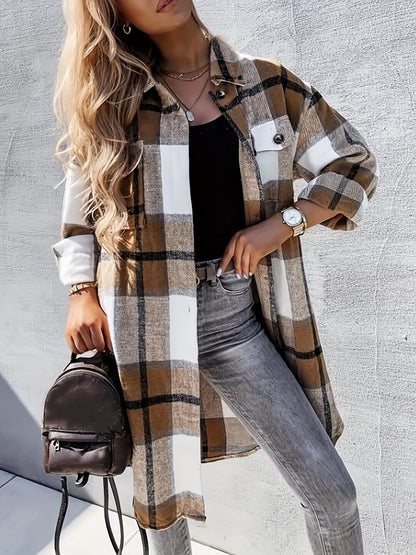 Women's Long Checked Oversize Shacket in Casual Look for Spring and Autumn