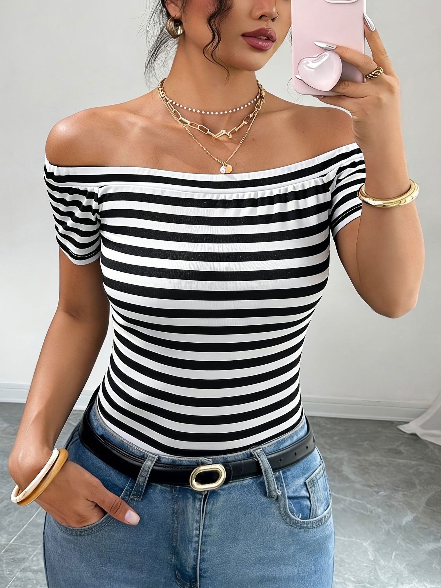 Women's Off-Shoulder Striped Shirt – Bardot Style for Everyday & Going Out