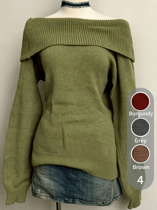 Women's off-the-shoulder knit sweater with a scoop neckline – Multiple colors