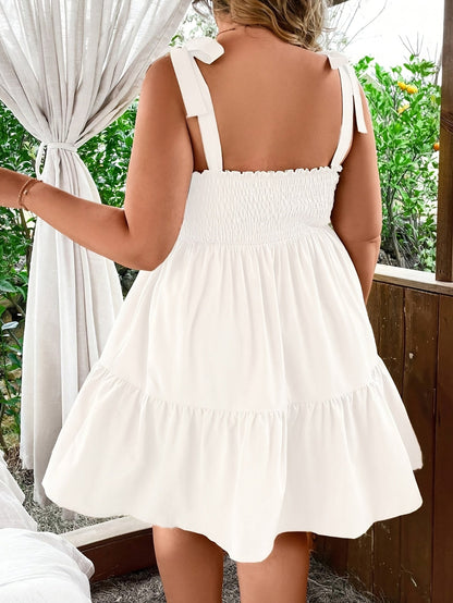 Women's Summer Mini Dress with Smocked Top and Shoulder Bow – Perfect for Vacation and Leisure