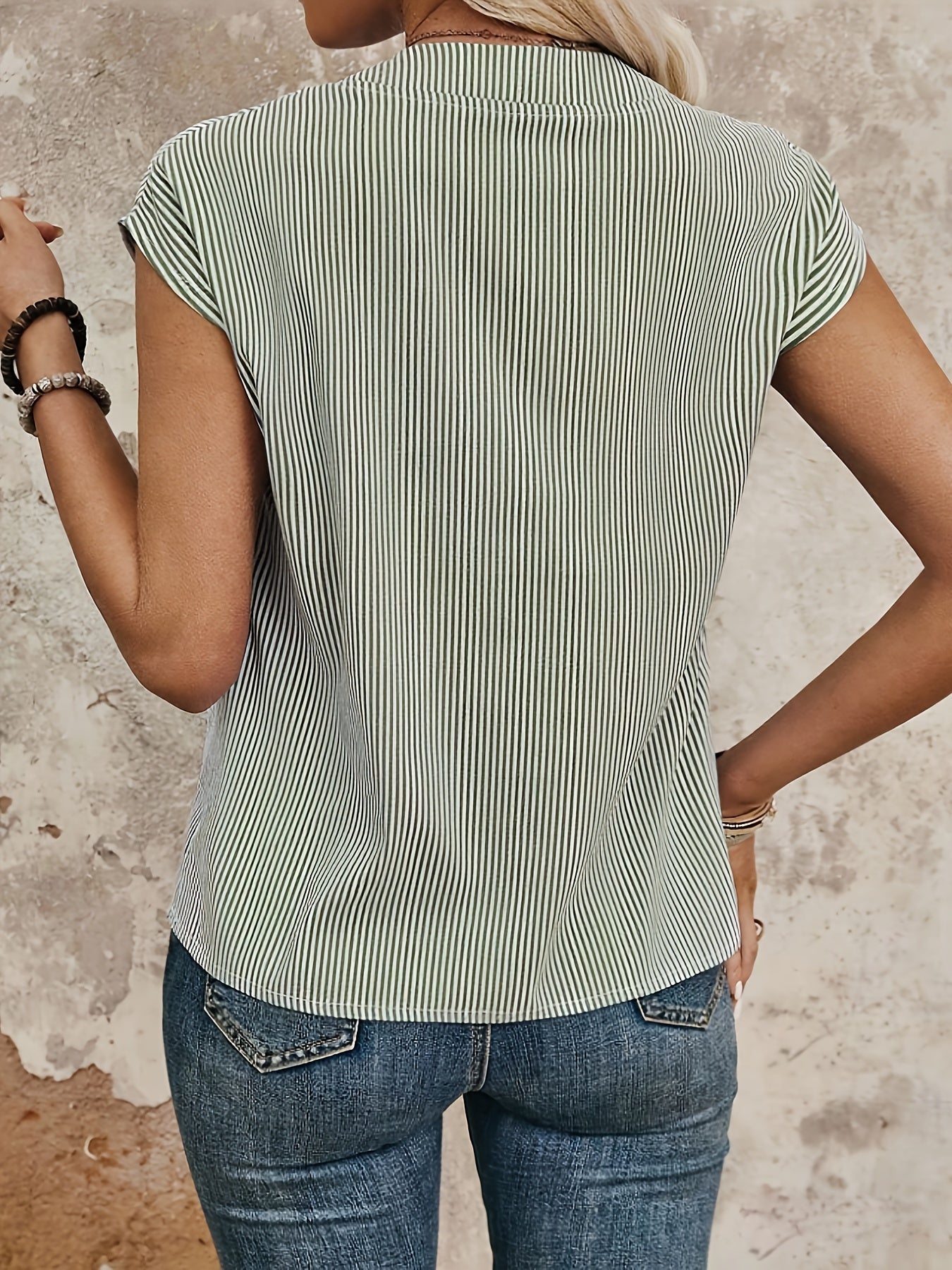 Women's Blouse Shirt with Stripe Pattern and V-Neck – Elegant Casual Style for Everyday and Office