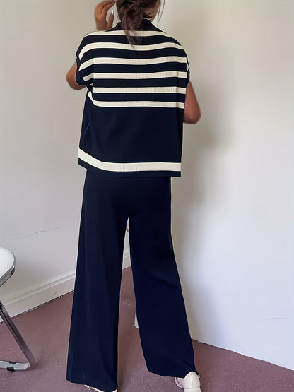 Women's Elegant Striped Set with Wide-Leg Pants – Casual, Fashionable Two-Piece for Spring and Summer