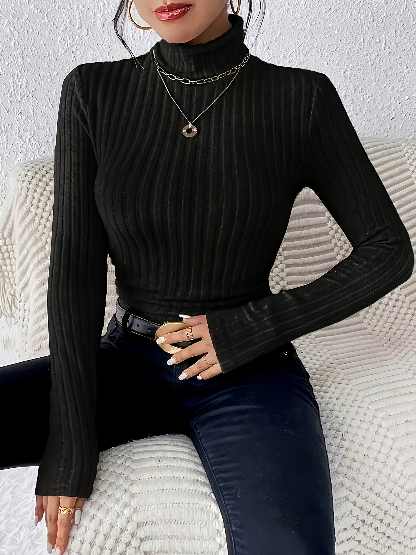 Damen Rollkragen Langarm Rippstrick Top Slim Fit