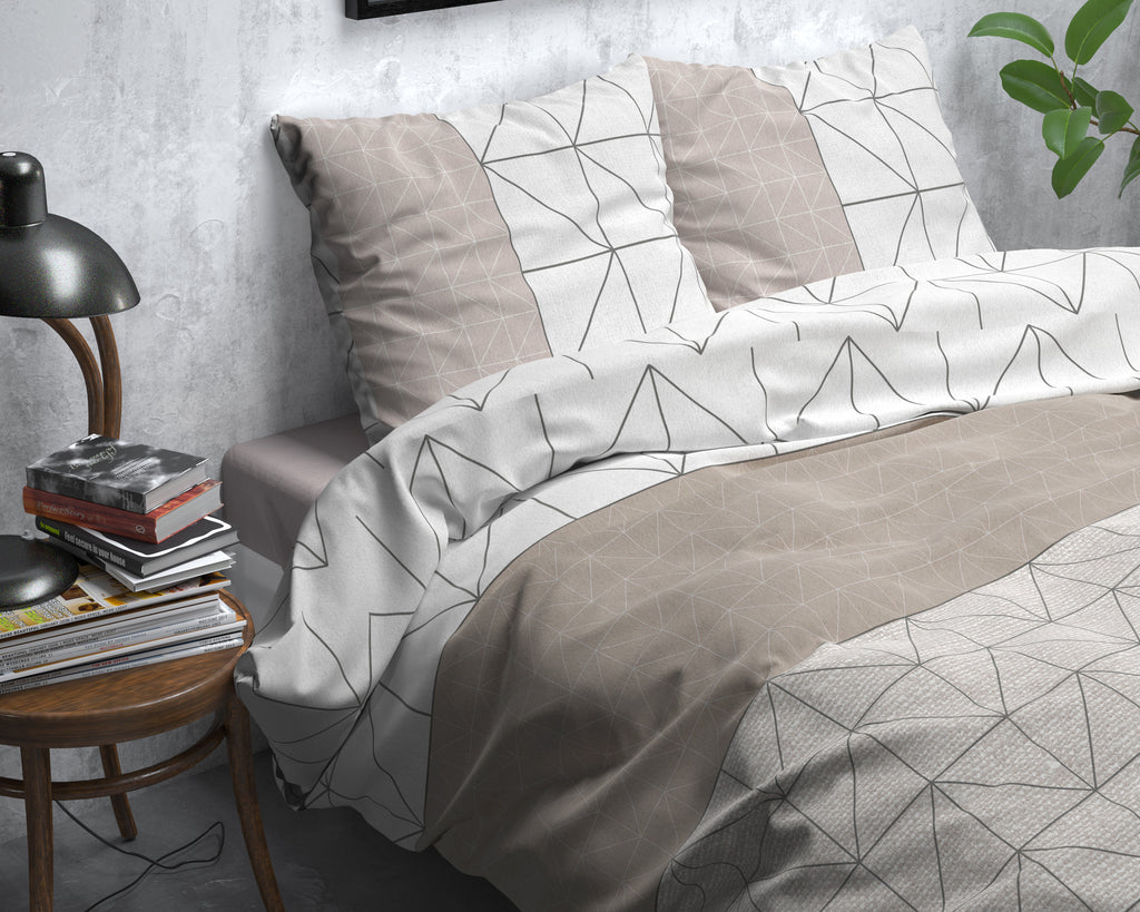 Dekbedovertrek flanel taupe geometrisch dessin 140 x 220 cm, met 1 kussensloop 60 x 70 cm