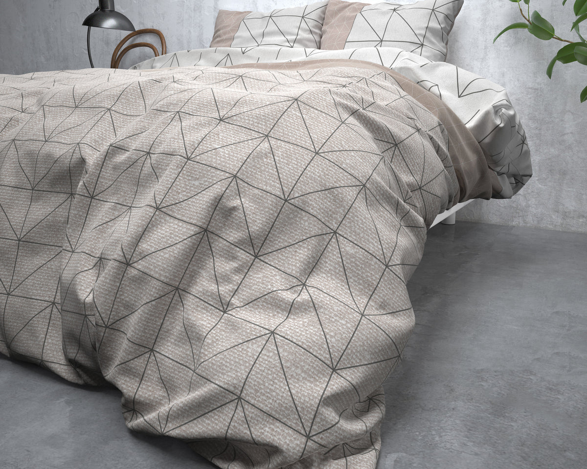 Dekbedovertrek flanel taupe geometrisch dessin 140 x 220 cm, met 1 kussensloop 60 x 70 cm
