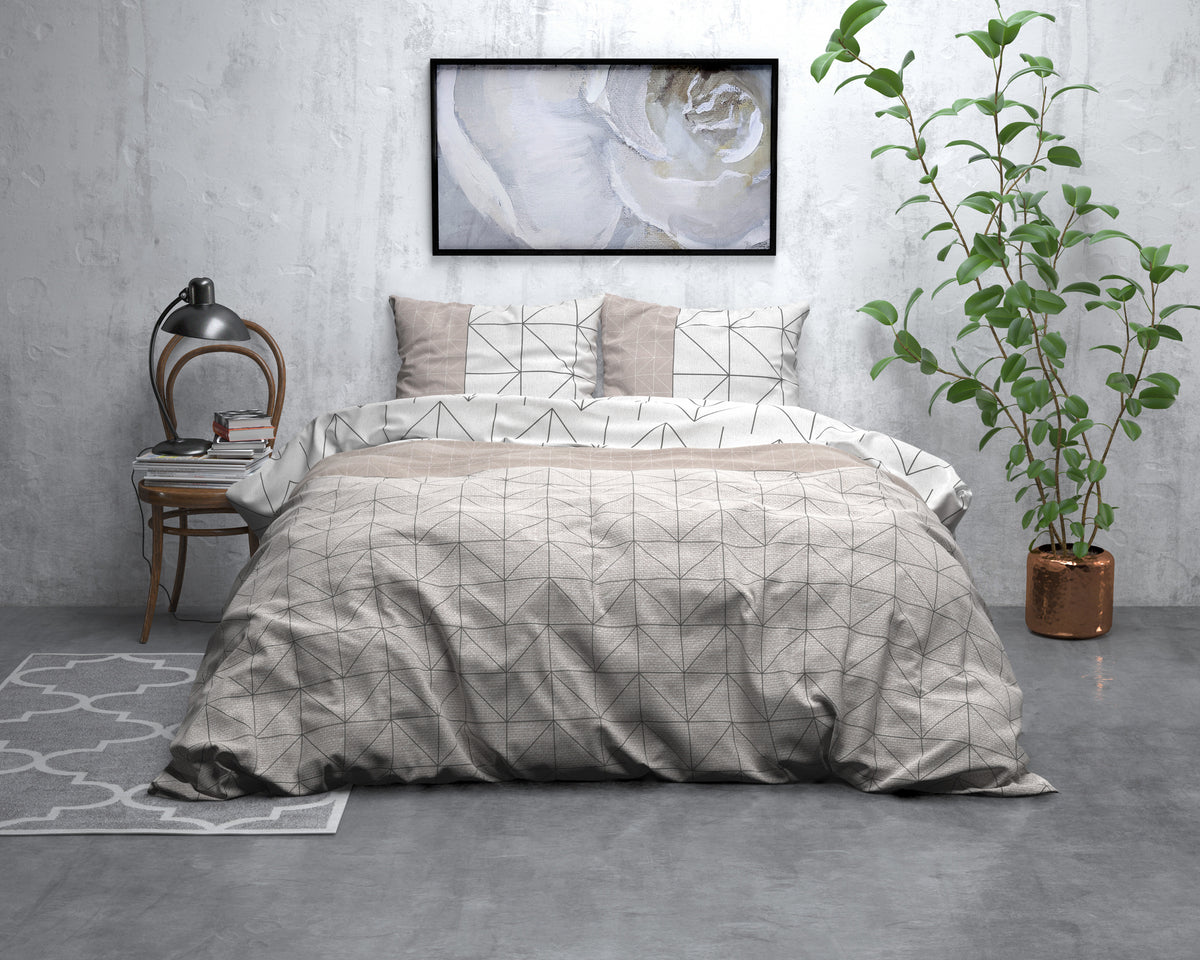 Dekbedovertrek flanel taupe geometrisch dessin 140 x 220 cm, met 1 kussensloop 60 x 70 cm
