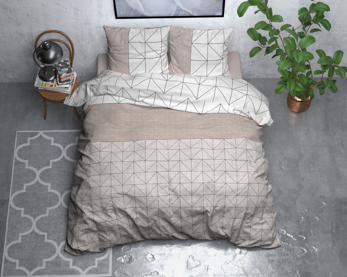 Dekbedovertrek flanel taupe geometrische print 200 x 220 cm, met 2 kussenslopen 60 x 70 cm