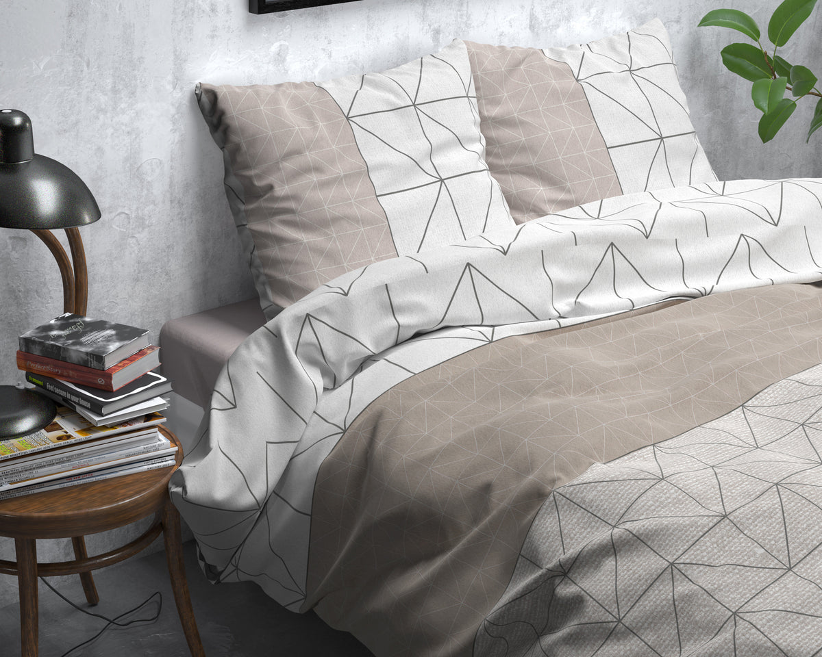 Dekbedovertrek flanel taupe geometrische print 200 x 220 cm, met 2 kussenslopen 60 x 70 cm