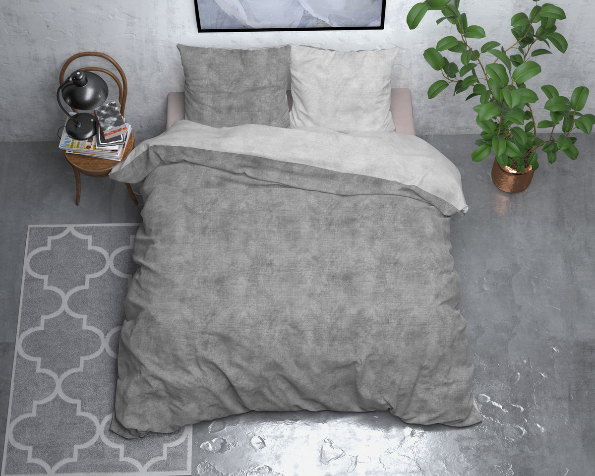 Dekbedovertrek flanel katoen gewassen grijs 140 x 220 cm, met 1 kussensloop 60 x 70 cm