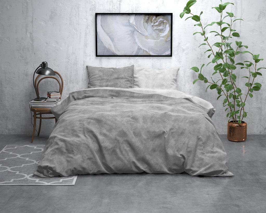 Dekbedovertrek flanel katoen gewassen grijs 140 x 220 cm, met 1 kussensloop 60 x 70 cm
