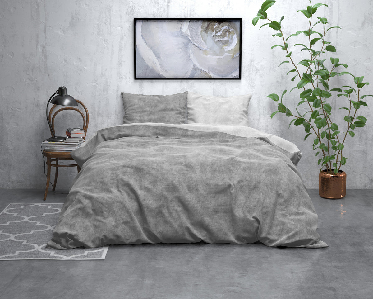 Dekbedovertrek flanel katoen gewassen grijs 140 x 220 cm, met 1 kussensloop 60 x 70 cm