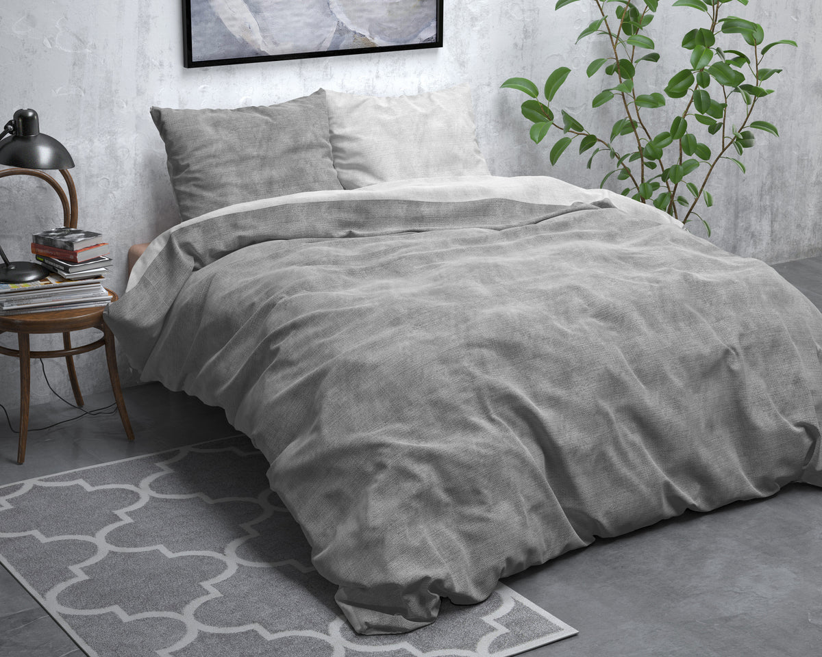 Dekbedovertrek flanel katoen gewassen grijs 140 x 220 cm, met 1 kussensloop 60 x 70 cm
