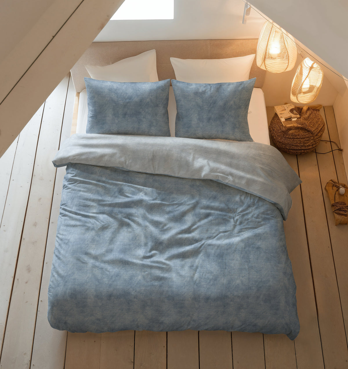 Dekbedovertrek flanel katoen gewassen blauw 140 x 220 cm, kussenslopen 60 x 70 cm